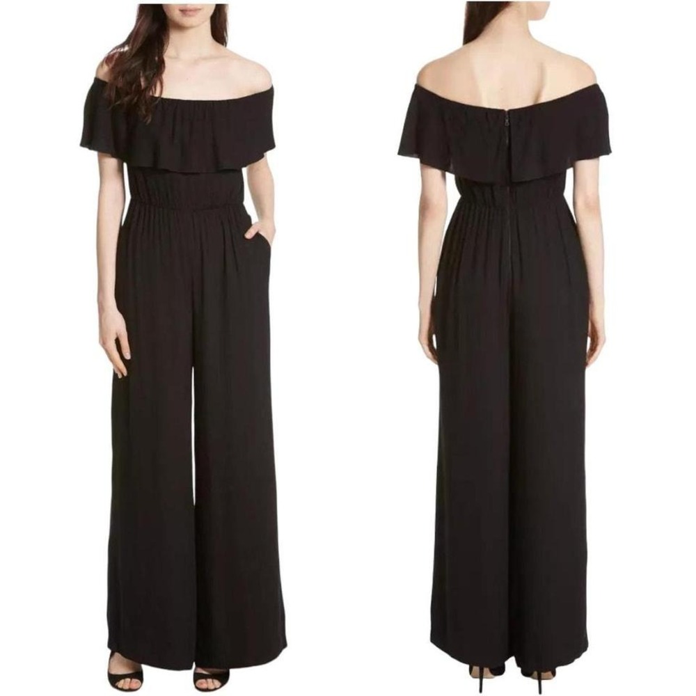 Alice + Olivia Air Black Ruffle Off the Shoulder Stella Wide Leg Jumpsuit Sz‎ 10